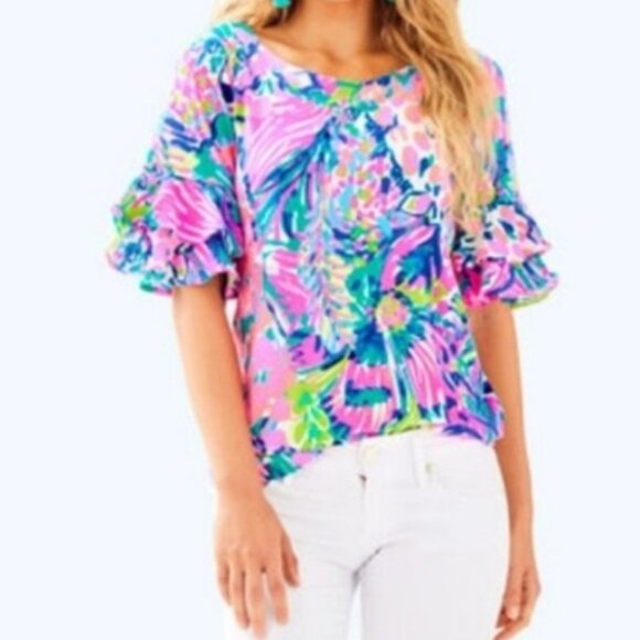 Lilly Pulitzer Lula Ruffle Sleeve Top in Gumbo Limbo Size Small - Picture 2 of 7